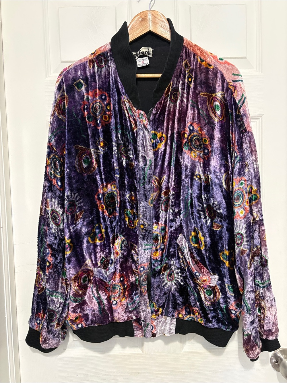 Vintage 80s Effect Velvet Atomic Floral Bomber Jacket